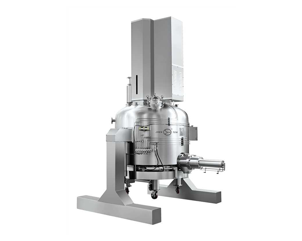 Industrial stainless steel reactor with a Nutsche filter dryer, equipped for vacuum emulsification and mixing processes.